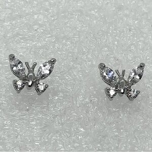 Vtg Sterling Silver & Marquis Cut Cz Stone Butterfly Stud Earrings / 8mm Length
